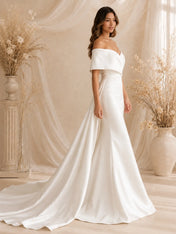 Elegant Off-The-Shoulder Draped Satin Mermaid Wedding Dress with Detachable Overskirt and Chapel Train