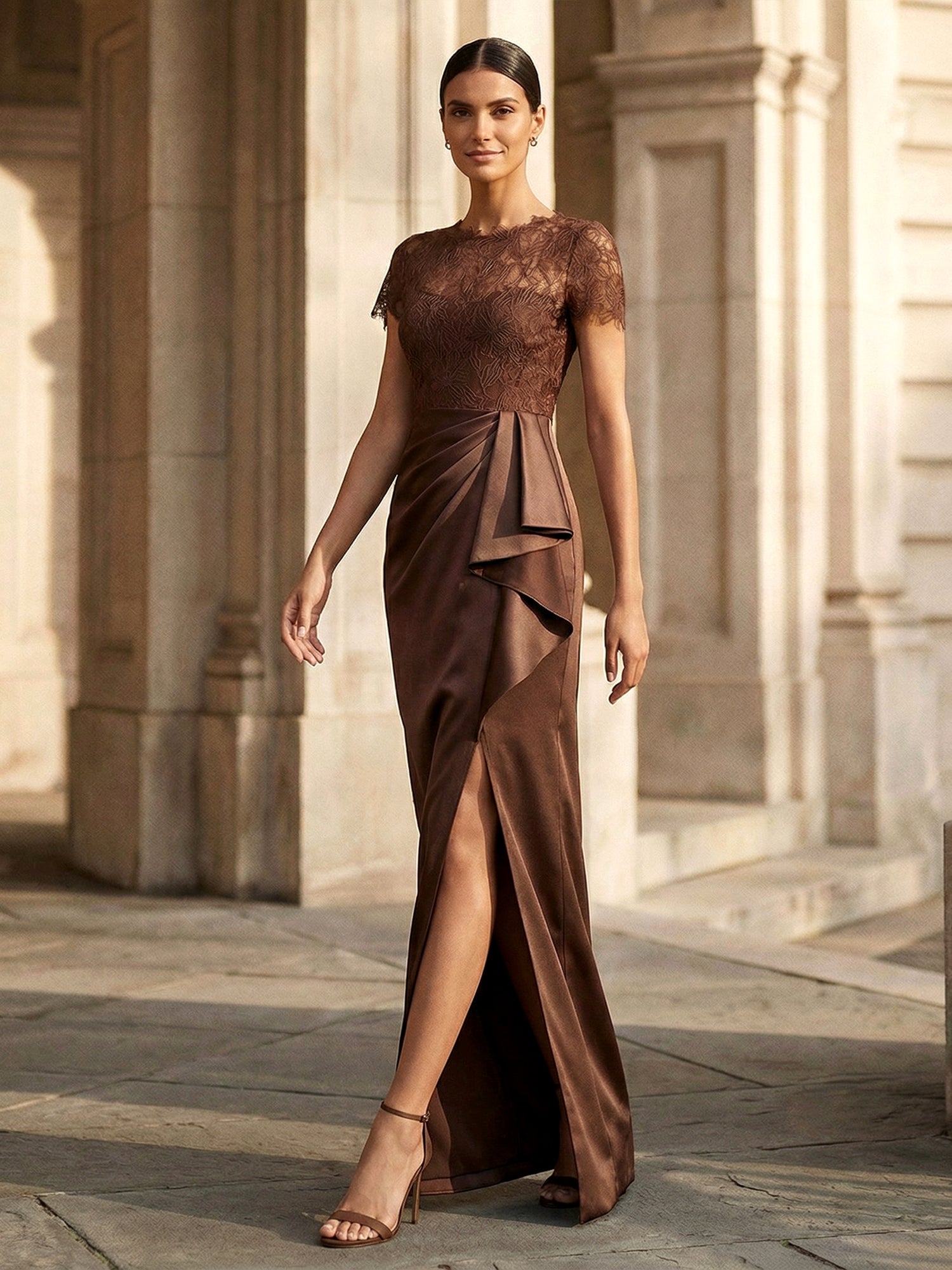 Chocolate Brown Lace Satin Maxi Dress Slit Evening Gown