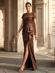 Chocolate Brown Lace Satin Maxi Dress Slit Evening Gown