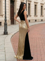 Evening Formal Dress Black Gold Metallic One-Shoulder Maxi Gown