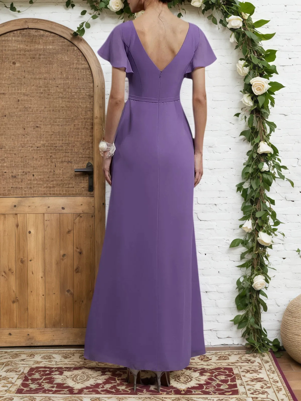 Purple Ruched V Neck Ruffle Sleeve A-Line Maxi Chiffon Bridesmaid Dress