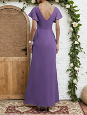 Purple Ruched V Neck Ruffle Sleeve A-Line Maxi Chiffon Bridesmaid Dress