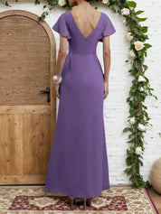 Purple Ruched V Neck Ruffle Sleeve A-Line Maxi Chiffon Bridesmaid Dress