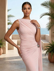 Pink One Shoulder Mermaid Pleat Maxi Dress with Ruffle