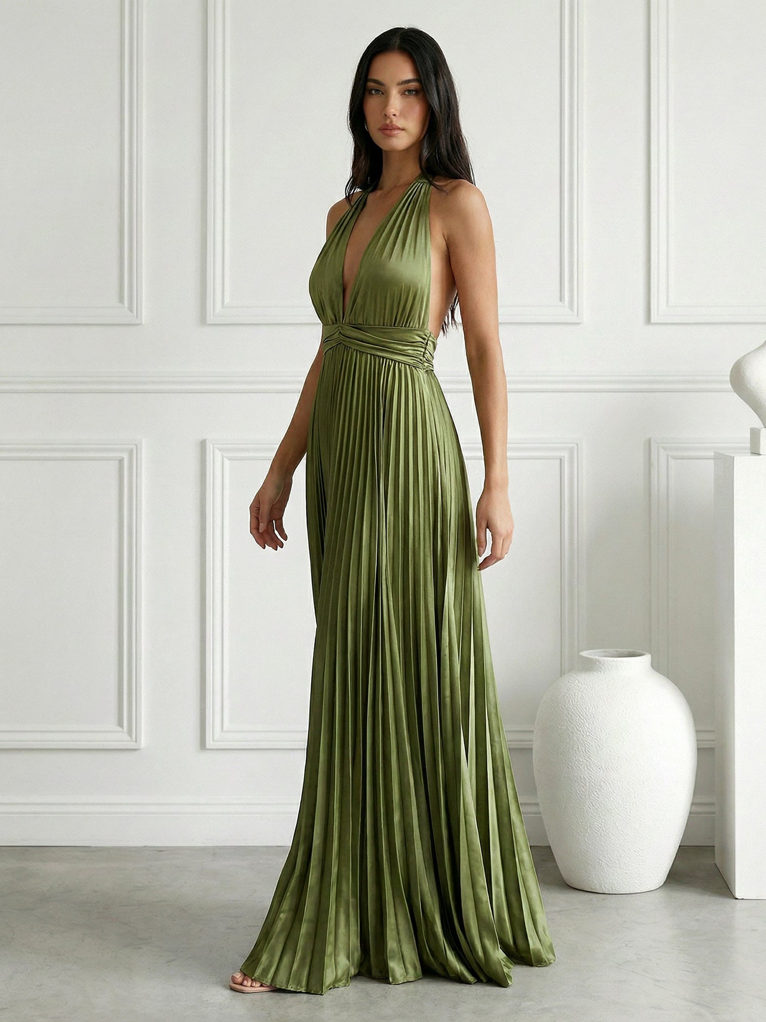 Sage Green V Neck Maxi Dress Prom Dress with Pleat