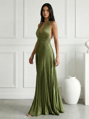 Sage Green V Neck Maxi Dress Prom Dress with Pleat