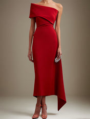 Cocktail Party Dress One Shoulder Red Ankle Length Dress