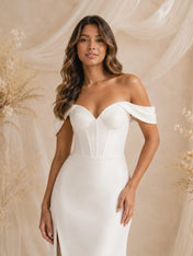 Elegant Off-The-Shoulder Satin Mermaid Wedding Dress with High Slit and Chapel Train