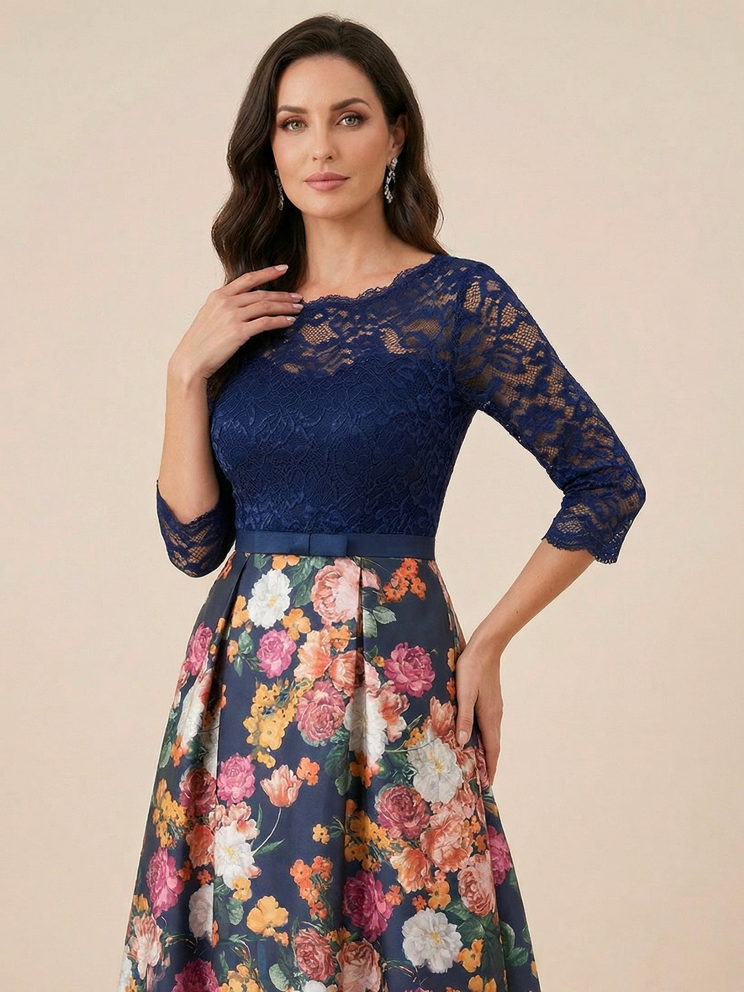 Navy Blue Half Sleeves Applique Two-piece Print Floral Mother of the Brides dress