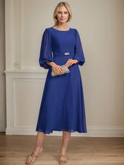 A-line Scoop Tea-Length Chiffon Mother of the Bride Dress With Crystal Brooch Pleated