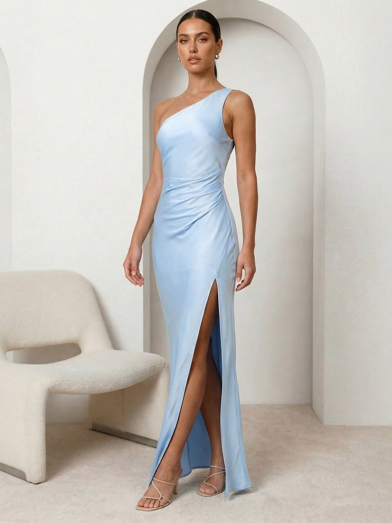 Light Blue One Shoulder Mermaid Long Maxi Dress with Slit