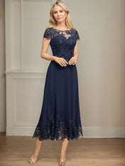 A-line Illusion Scoop Tea-Length Lace Chiffon Mother of the Bride Dress With Sequins
