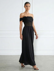 Black Strapless A Line Tiered Maxi Dress with 3D Flower