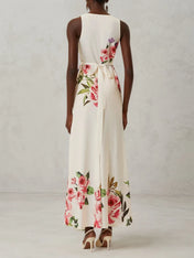 Pink Cross Floral Wrap Dress V Neck Sleeveless Mermaid Gown Dress