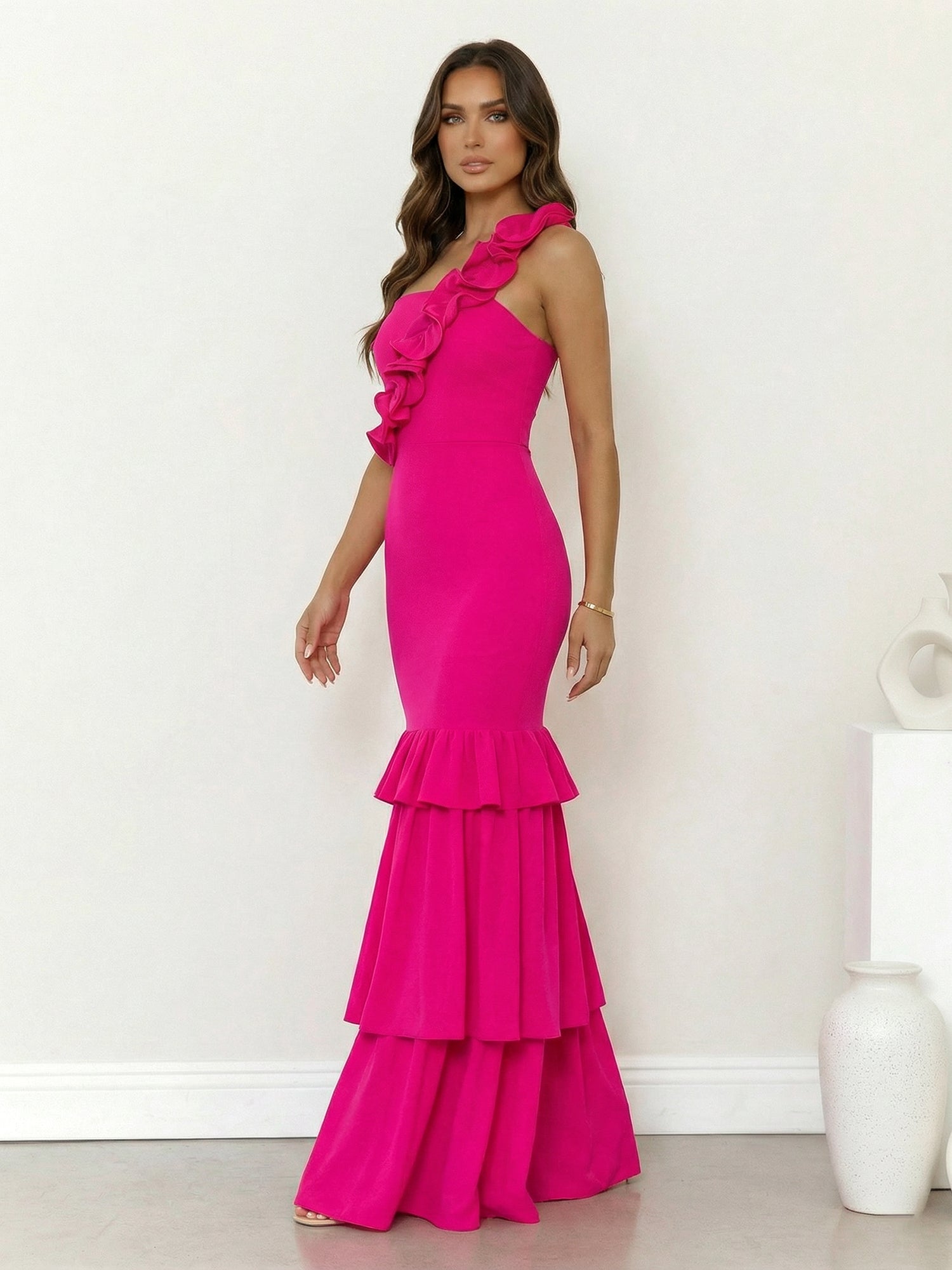 Fuchsia One Shoulder Mermaid Tiered Maxi Dress with 3D Flower