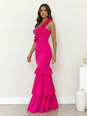 Fuchsia One Shoulder Mermaid Tiered Maxi Dress with 3D Flower