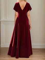A Line V Neck Ruched Floor Length Mother of the Bride Dress