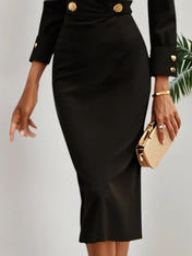 Black Buckle V Neck Long Sleeve Sheath Midi Blazer Dress