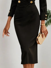 Black Buckle V Neck Long Sleeve Sheath Midi Blazer Dress
