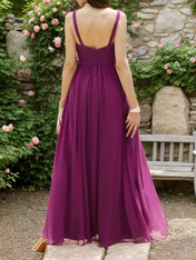 Purple Pleated Chiffon Spaghetti Straps A Line Maxi Bridesmaid Dress
