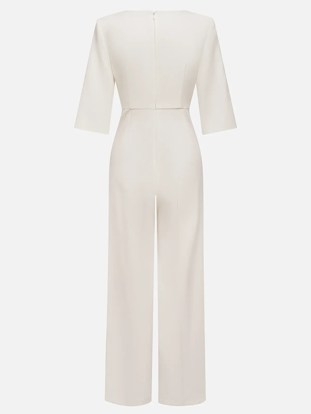 Women White Imitation Pearls Slit Boat Neck Half Sleeve Dressy Jumpsuit