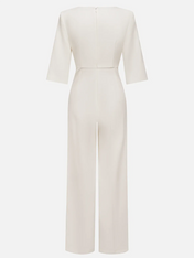 Women White Imitation Pearls Slit Boat Neck Half Sleeve Dressy Jumpsuit