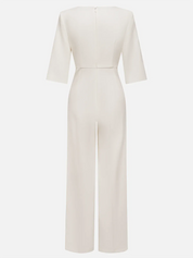 Women White Imitation Pearls Slit Boat Neck Half Sleeve Dressy Jumpsuit