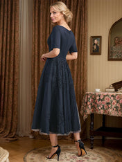 A-line V-Neck Tea-Length Tulle Lace Mother of the Bride Dress With Pleated