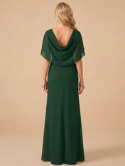 V-Neck Draped Cape Sleeve Chiffon Mermaid Mother of the Bride Dress with Slit