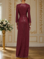 Red Ruched Sequin V Neck Three Quarter Sleeve Sheath Maxi Dress