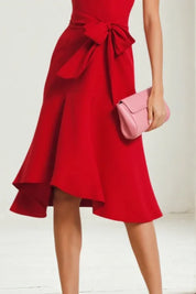 Cocktail Party Red V Neck Lace Up Knee Length Dress