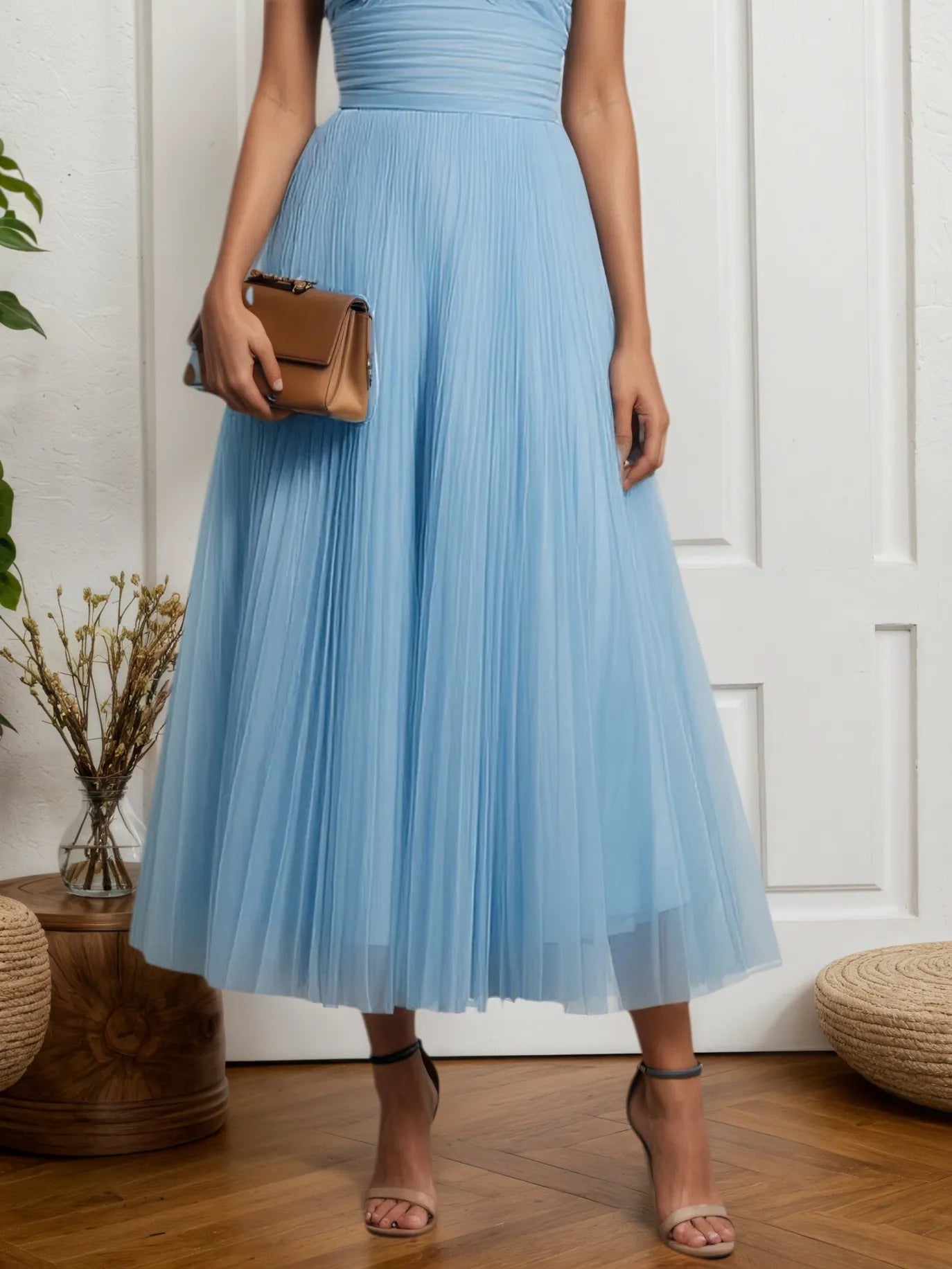 Light Blue Pleated Ruched Tulle Strapless Sleeveless A-Line Midi Dress