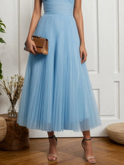Light Blue Pleated Ruched Tulle Strapless Sleeveless A-Line Midi Dress