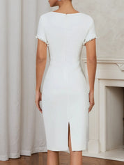 White Imitation Pearls Knot Front Classic Boat Neck Short Sleeve Sheath Midi Dress