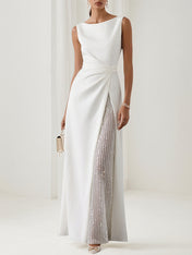 A Line White Chiffon Round Neck Sleeveless Floor Length Dress With Sequins