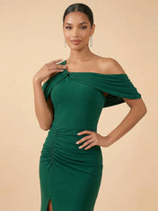 Emerald Green Cold Shoulder Slit Evening Gown with Ruched