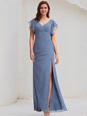 Slate Blue Chiffon A Line V Neck Floor Length Bridesmaid Dress With Ruffle