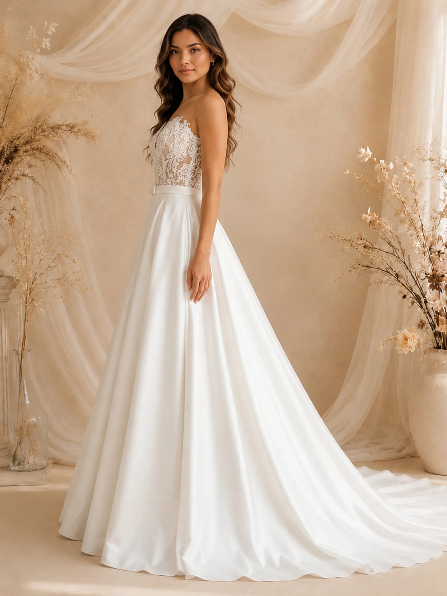 Sweetheart Illusion Lace Bodice Satin A-Line Wedding Dress with Chapel Train