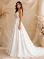 Sweetheart Illusion Lace Bodice Satin A-Line Wedding Dress with Chapel Train