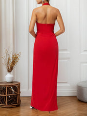 Red Halter Rhinestones Knot Front Slit Sheath Maxi Dress