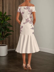 Apricot White Floral Off The Shoulder Mermaid Midi Dress