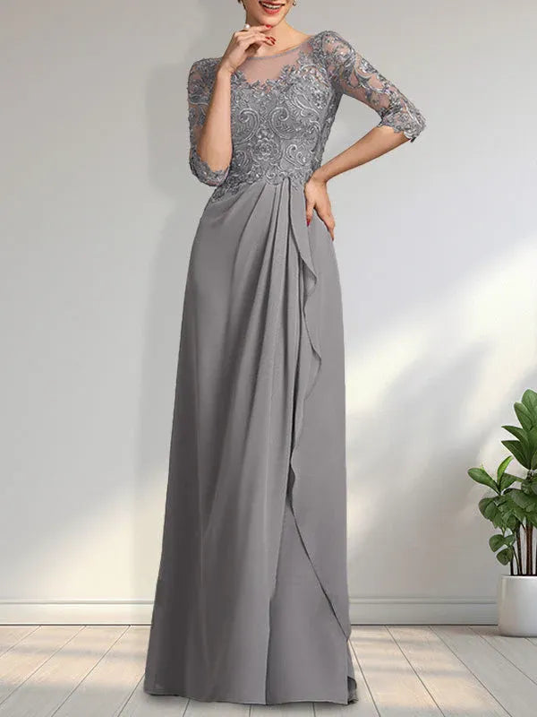 Robe de mère de la mariée trapèze en mousseline de soie et dentelle, longueur au sol, avec perles, paillettes et volants en cascade 