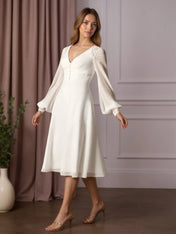 White A-Line V-Neck Lace Chiffon Pleated Wedding Dress