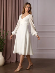 White A-Line V-Neck Lace Chiffon Pleated Wedding Dress