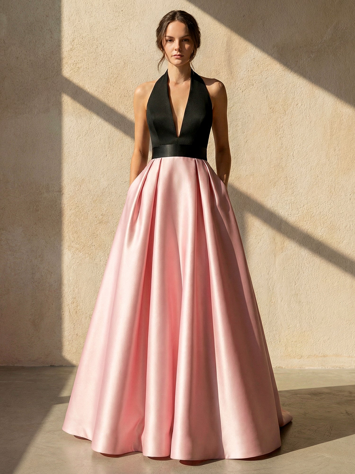 V Neck Satin Maxi Dresses for Women A Line Backless Evening Dress