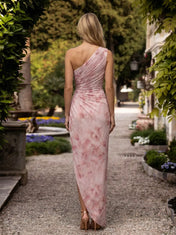 One-Shoulder Ruched Floral Print Sheath Evening Gown with High Slit