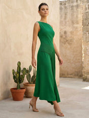 Green One Shoulder Tea Length Satin Evening Dress with Pleat
