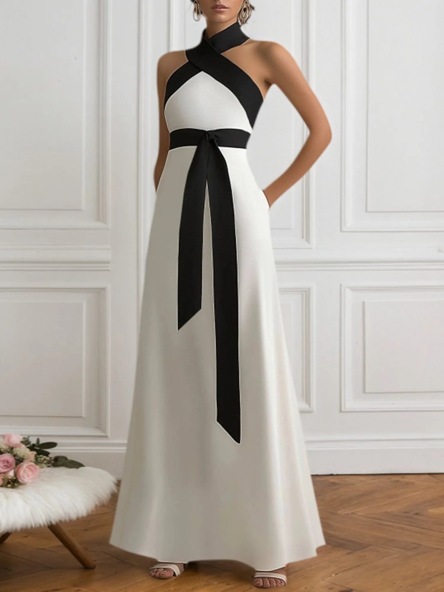 Formal Black and White Halter Cross-Neck Maxi Dress