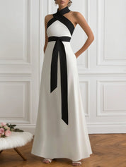Formal Black and White Halter Cross-Neck Maxi Dress