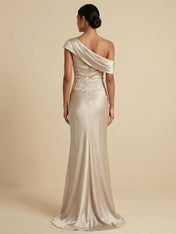 Elegant One-Shoulder Satin Mermaid Maxi Dress with Lace Waist